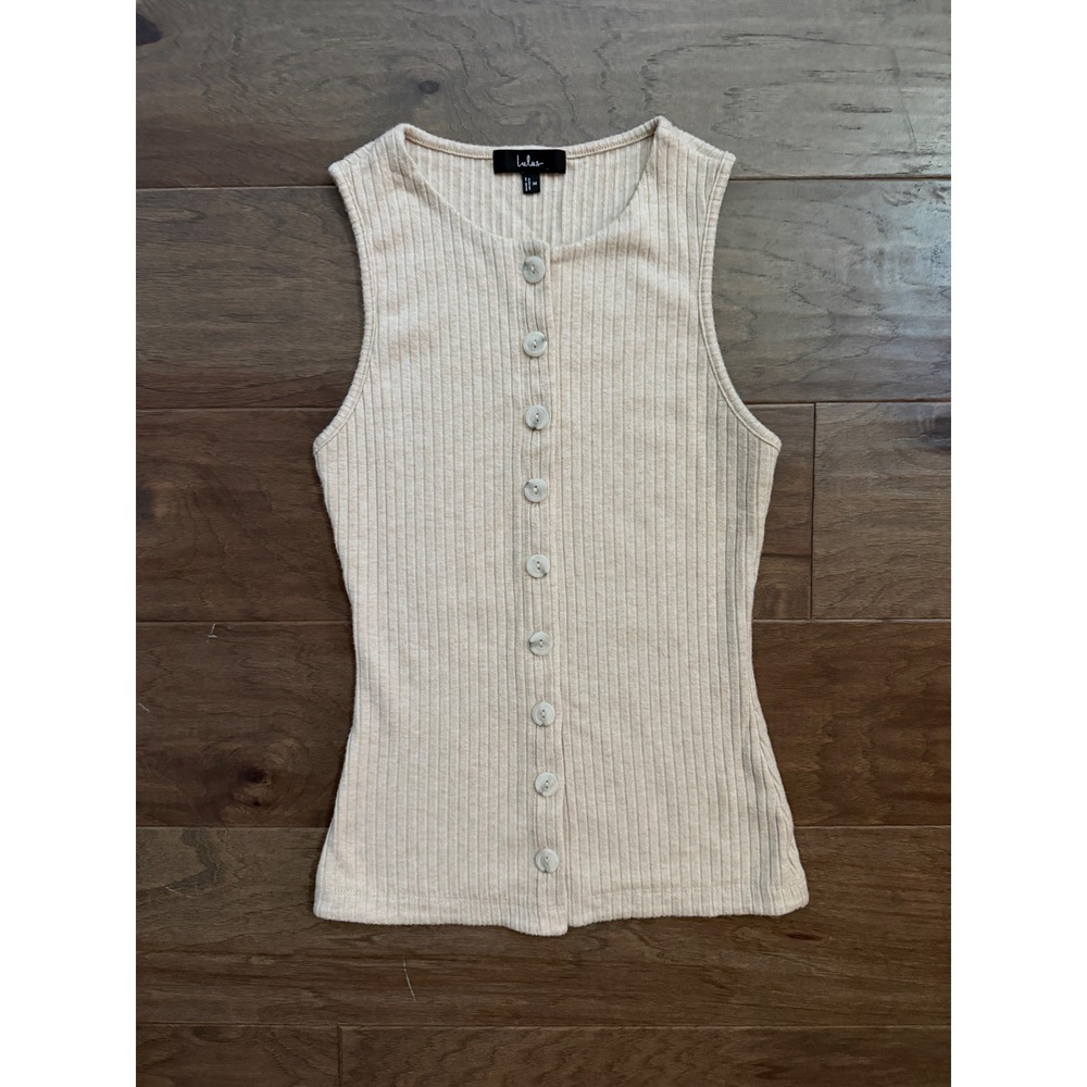 Lulus Oatmeal Beige Ribbed Button Down Sleeveless Knit Tank Top Womens Medium